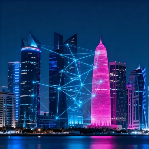 Doha skyline with digital network overlay